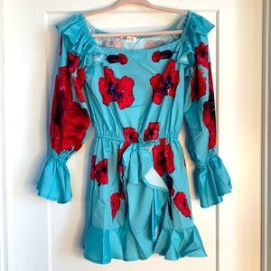 BRAND NEW!!! Aqua Blue Dress with Red Flowers Long Sleeve Mini Dress. Size S
